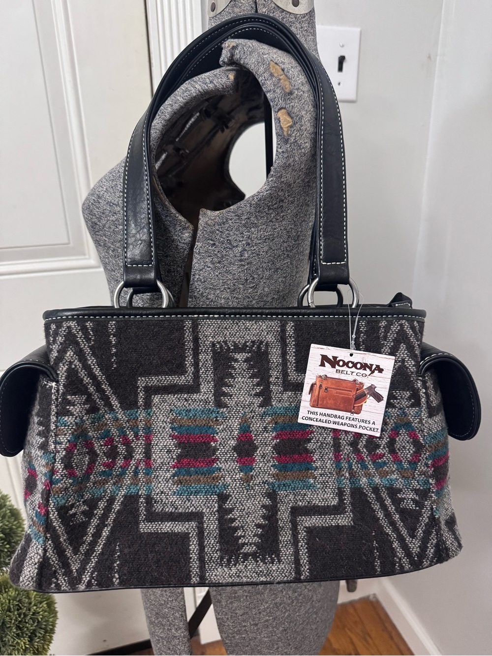 Nocona Southwestern Pattern Tote Bag in Charcoal with Teal & Pink Accents NWT